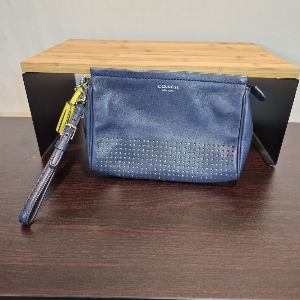 Coach Legacy Navy Blue Perforated Leather Zip Clutch Wristlet with Tassels